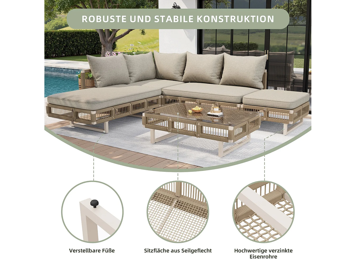 Set di mobili da giardino con gambe regolabili, cuscini spessi 10 cm e tavolino in vetro, beige