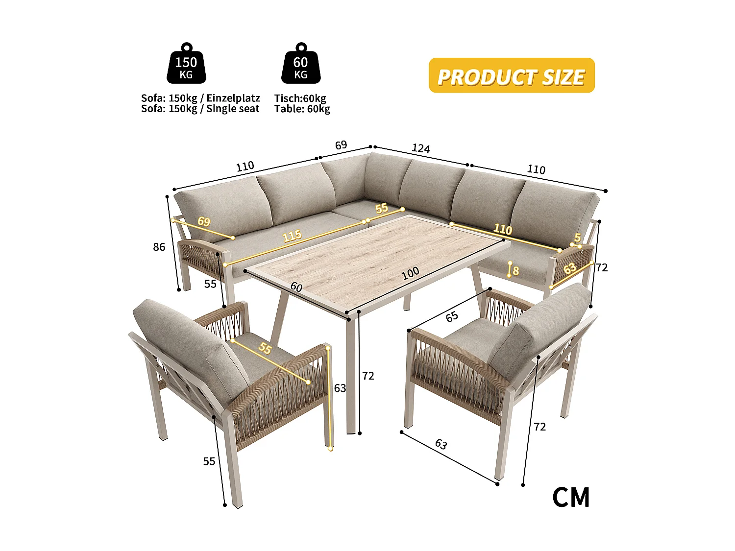 Canapé de jardin en forme de L, 8 places, structure en fer avec coussins, comprend 1 table et 2 fauteuils, résistant aux intempéries, beige