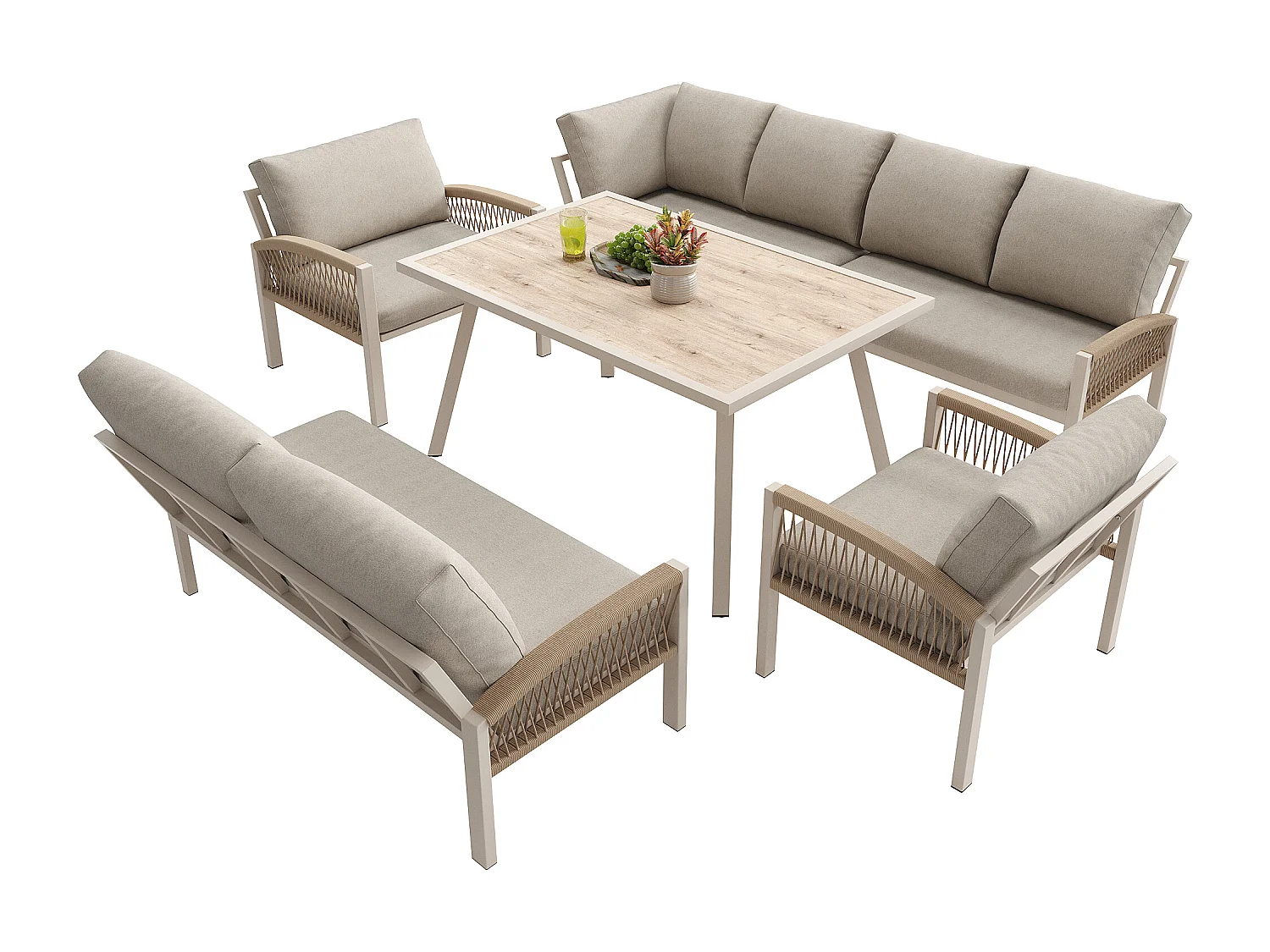 Canapé de jardin en forme de L, 8 places, structure en fer avec coussins, comprend 1 table et 2 fauteuils, résistant aux intempéries, beige