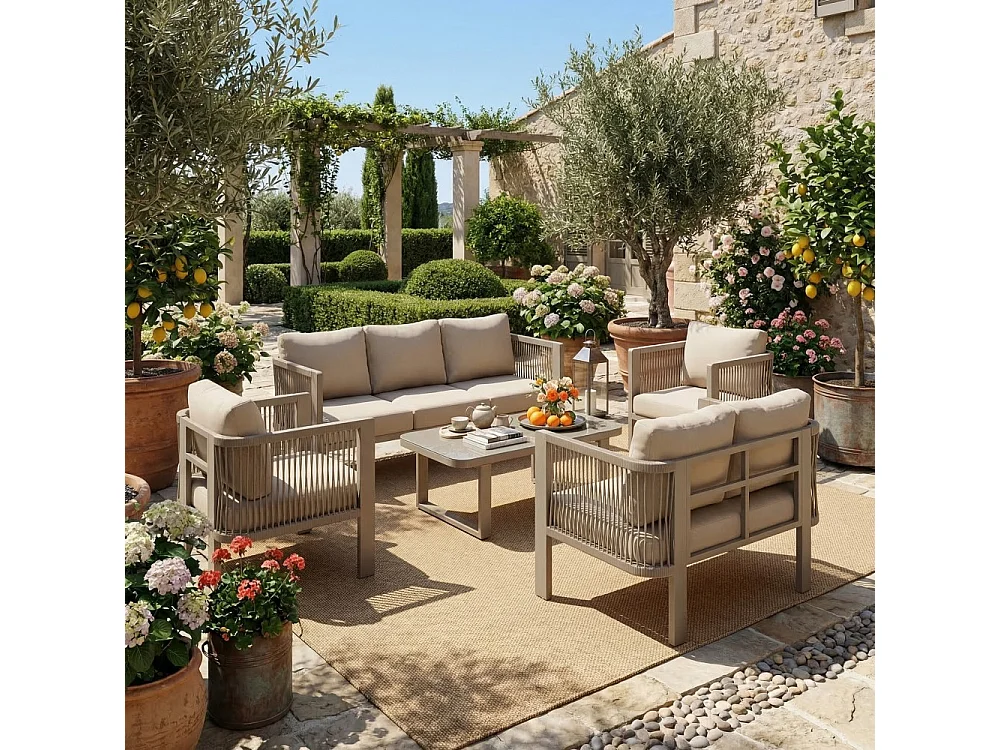 Ensemble de mobilier de jardin (5 pièces), plateau en verre, osier tressé, couleur kaki