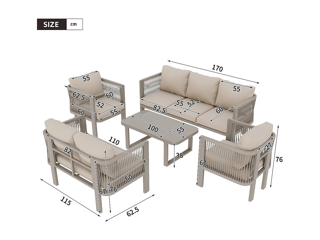 Ensemble de mobilier de jardin (5 pièces), plateau en verre, osier tressé, couleur kaki