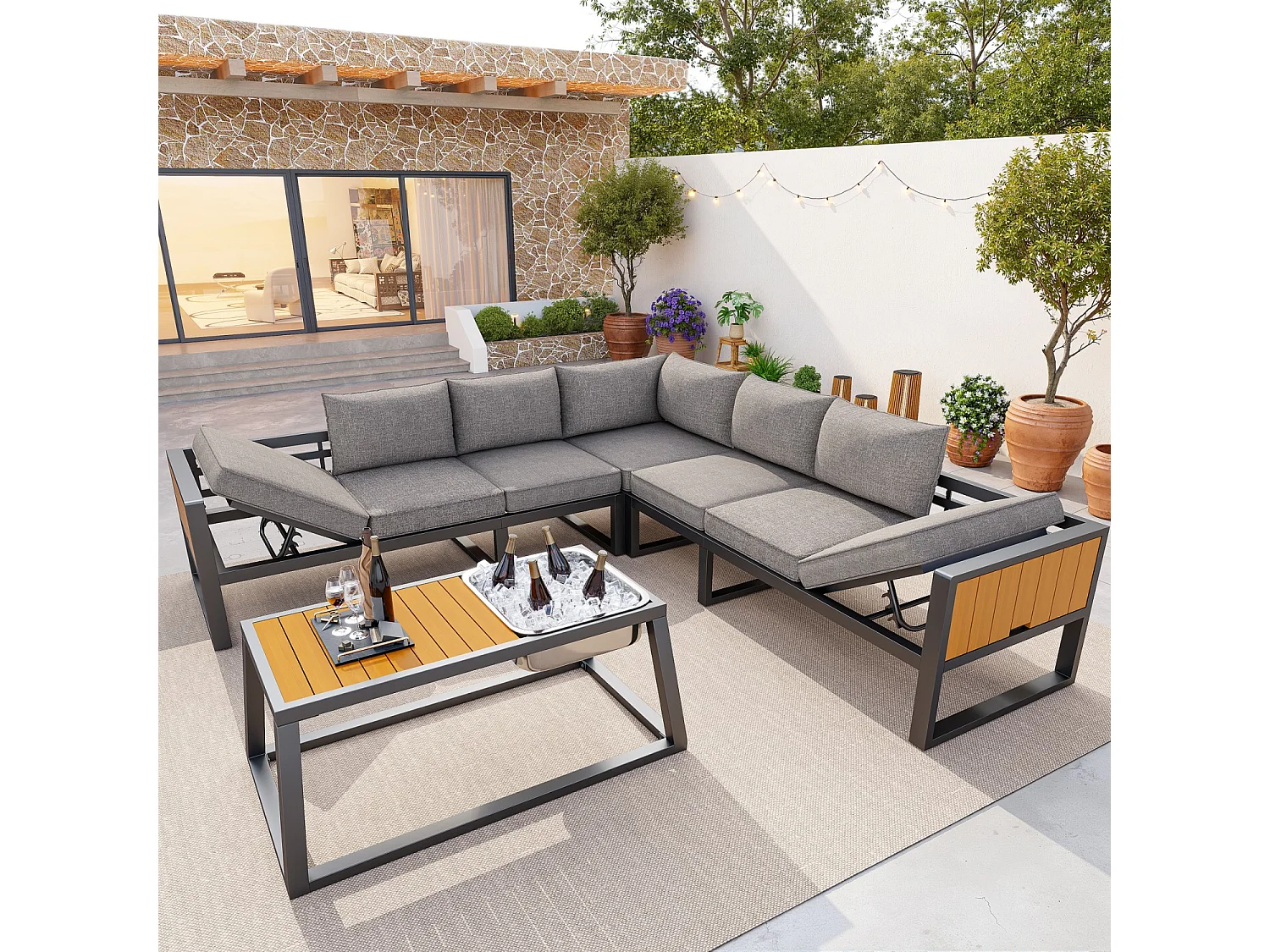 Buitenbank met verstelbare rugleuning, neerklapbare armleuningen en metalen ijsemmer, kussens van 10 cm dik, grijs