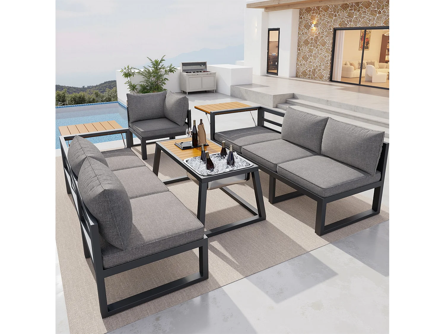 Buitenbank met verstelbare rugleuning, neerklapbare armleuningen en metalen ijsemmer, kussens van 10 cm dik, grijs