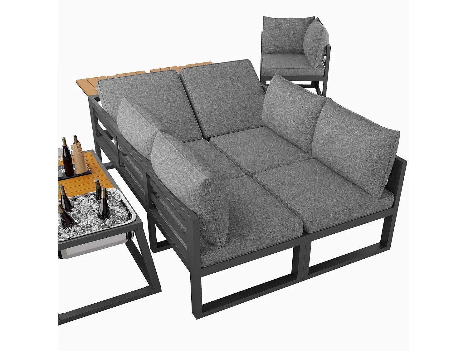 Buitenbank met verstelbare rugleuning, neerklapbare armleuningen en metalen ijsemmer, kussens van 10 cm dik, grijs