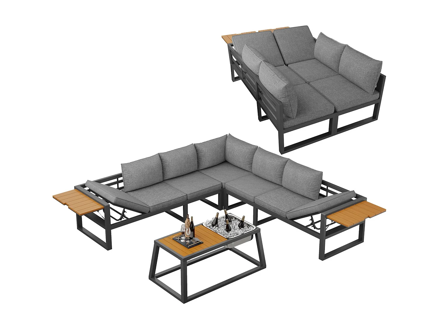 Buitenbank met verstelbare rugleuning, neerklapbare armleuningen en metalen ijsemmer, kussens van 10 cm dik, grijs