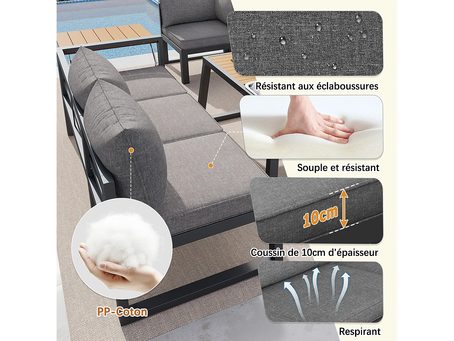 Buitenbank met verstelbare rugleuning, neerklapbare armleuningen en metalen ijsemmer, kussens van 10 cm dik, grijs