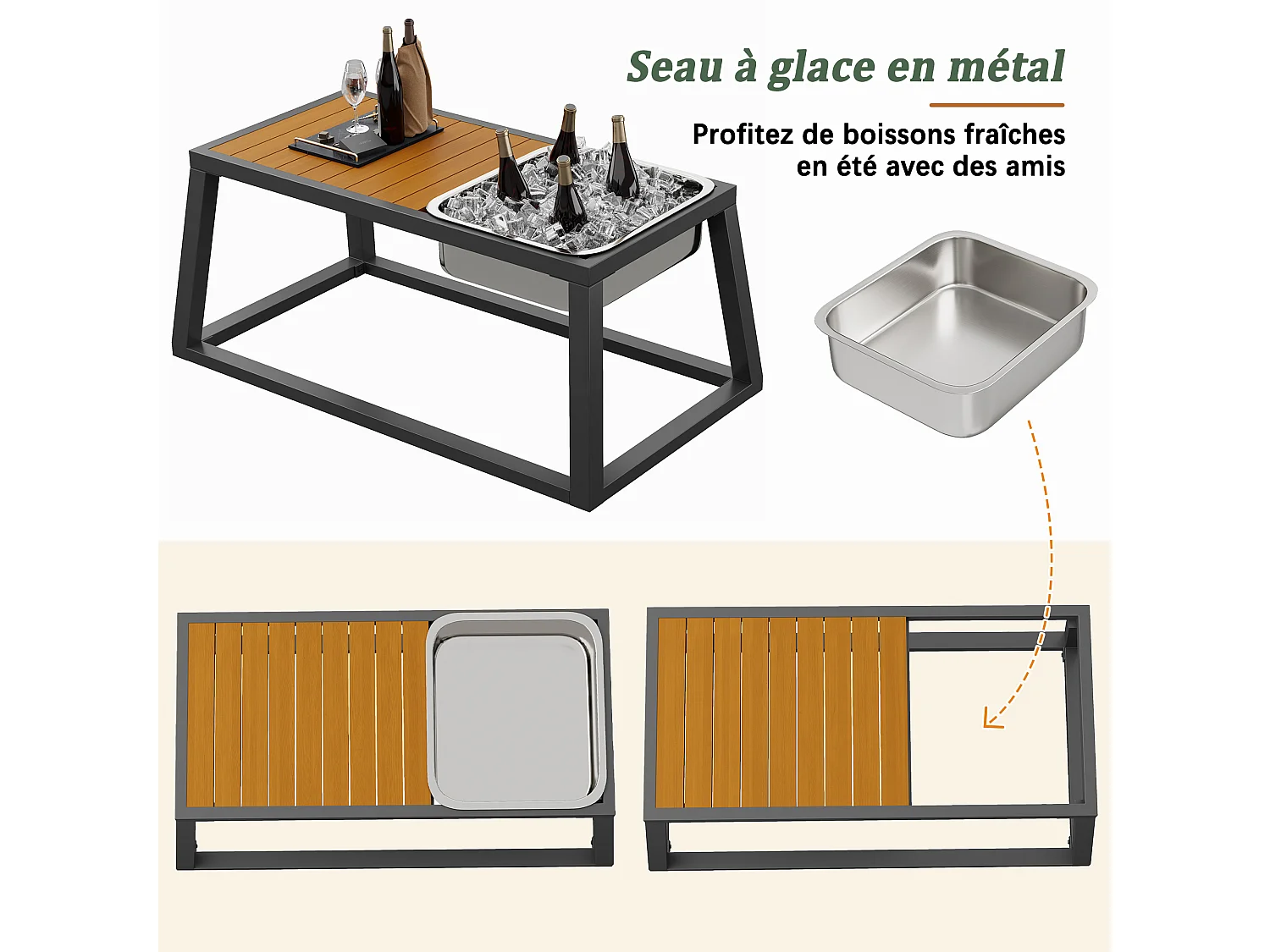 Buitenbank met verstelbare rugleuning, neerklapbare armleuningen en metalen ijsemmer, kussens van 10 cm dik, grijs