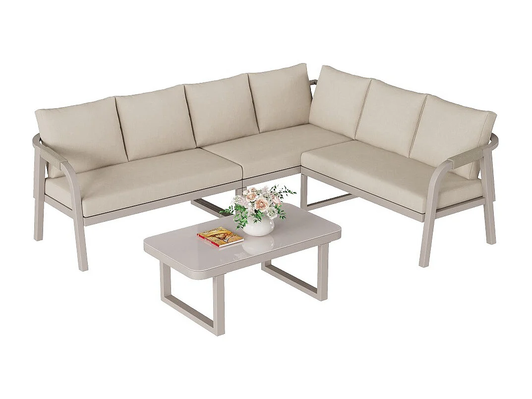 Ensemble de mobilier de jardin, accoudoirs et dossier tressés, en tubes d'acier galvanisé,beige