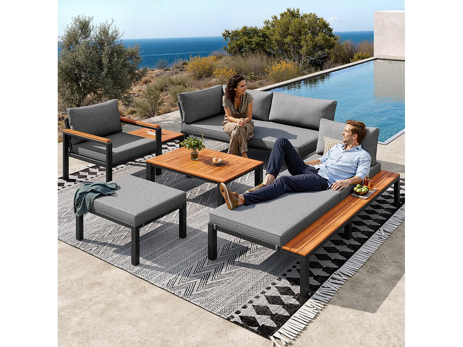 Outdoor loungeset, modulair ontwerp, stevig metalen frame, ademende kussens en houten tafel, grijs