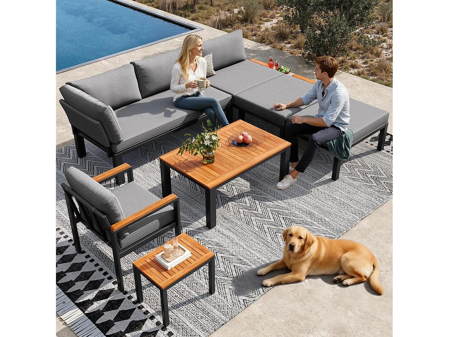 Outdoor loungeset, modulair ontwerp, stevig metalen frame, ademende kussens en houten tafel, grijs