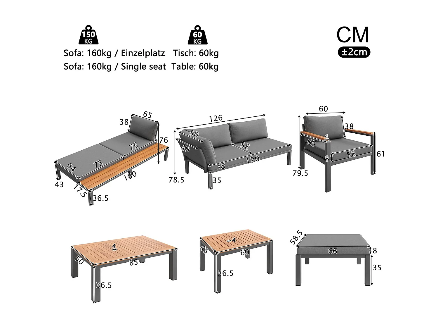 Outdoor loungeset, modulair ontwerp, stevig metalen frame, ademende kussens en houten tafel, grijs