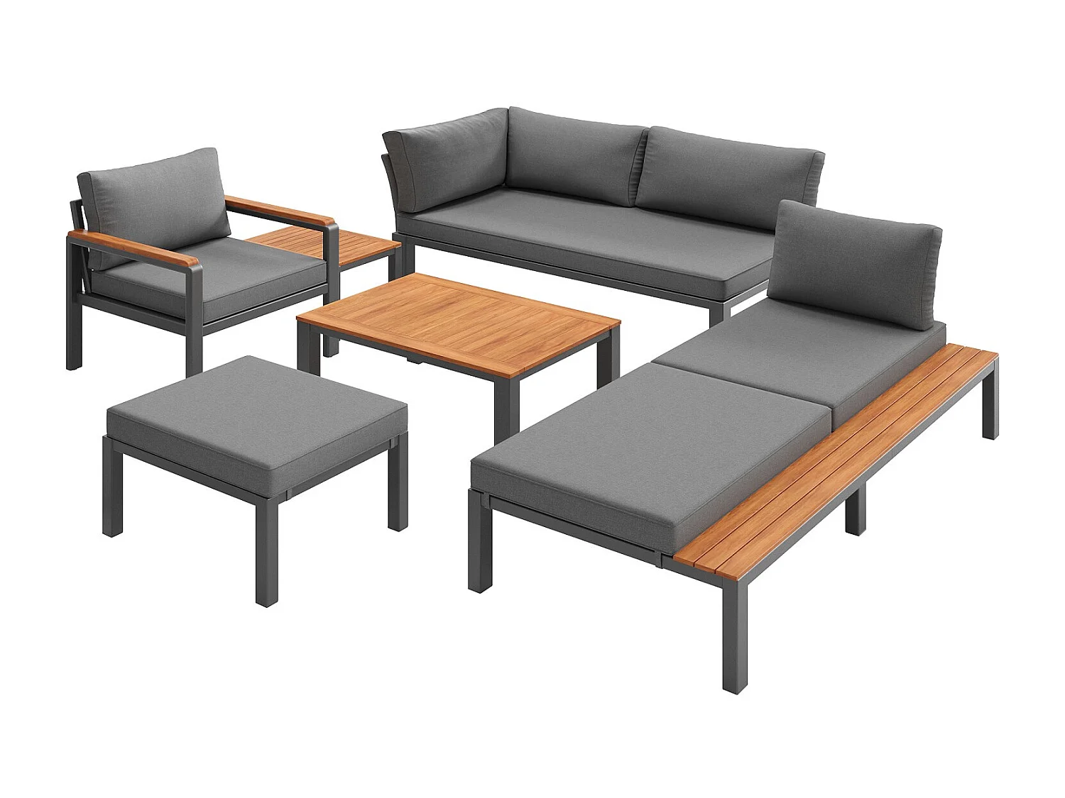 Outdoor loungeset, modulair ontwerp, stevig metalen frame, ademende kussens en houten tafel, grijs