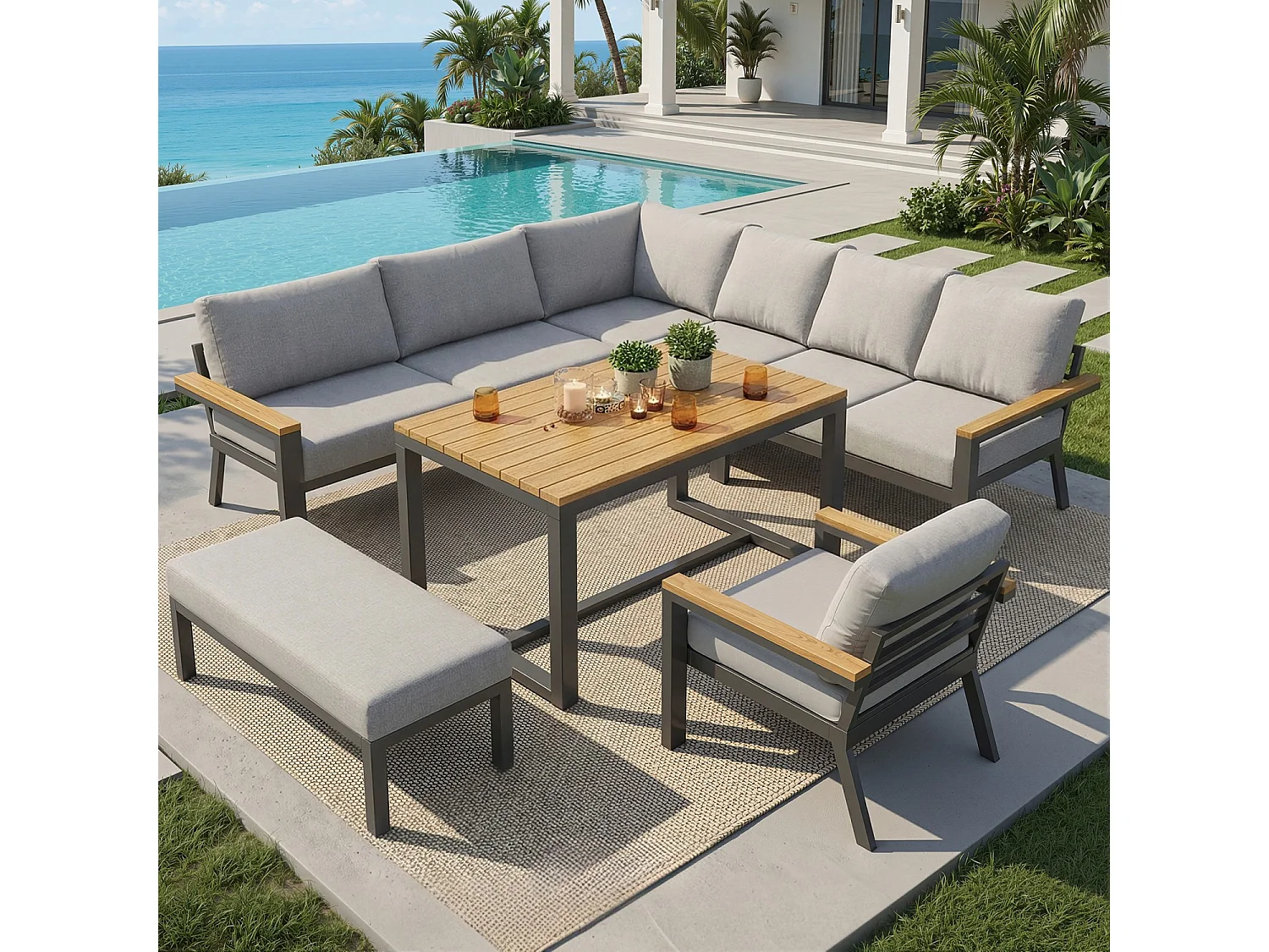 Canapé de jardin, huit places, avec table en bois, coussins, structure en fer résistante aux intempéries, gris