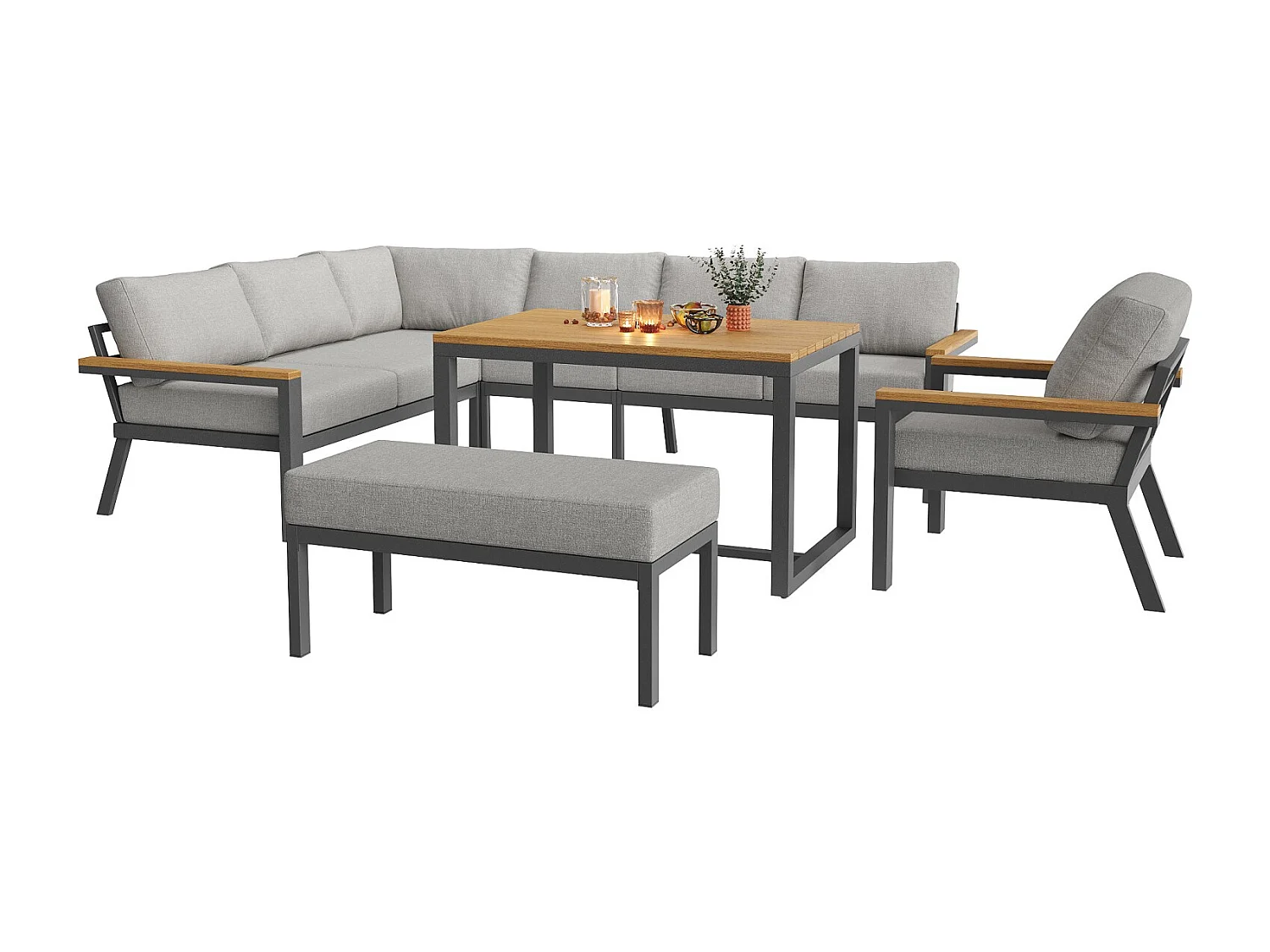 Canapé de jardin, huit places, avec table en bois, coussins, structure en fer résistante aux intempéries, gris