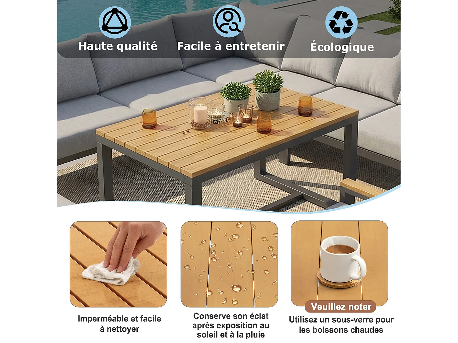 Canapé de jardin, huit places, avec table en bois, coussins, structure en fer résistante aux intempéries, gris