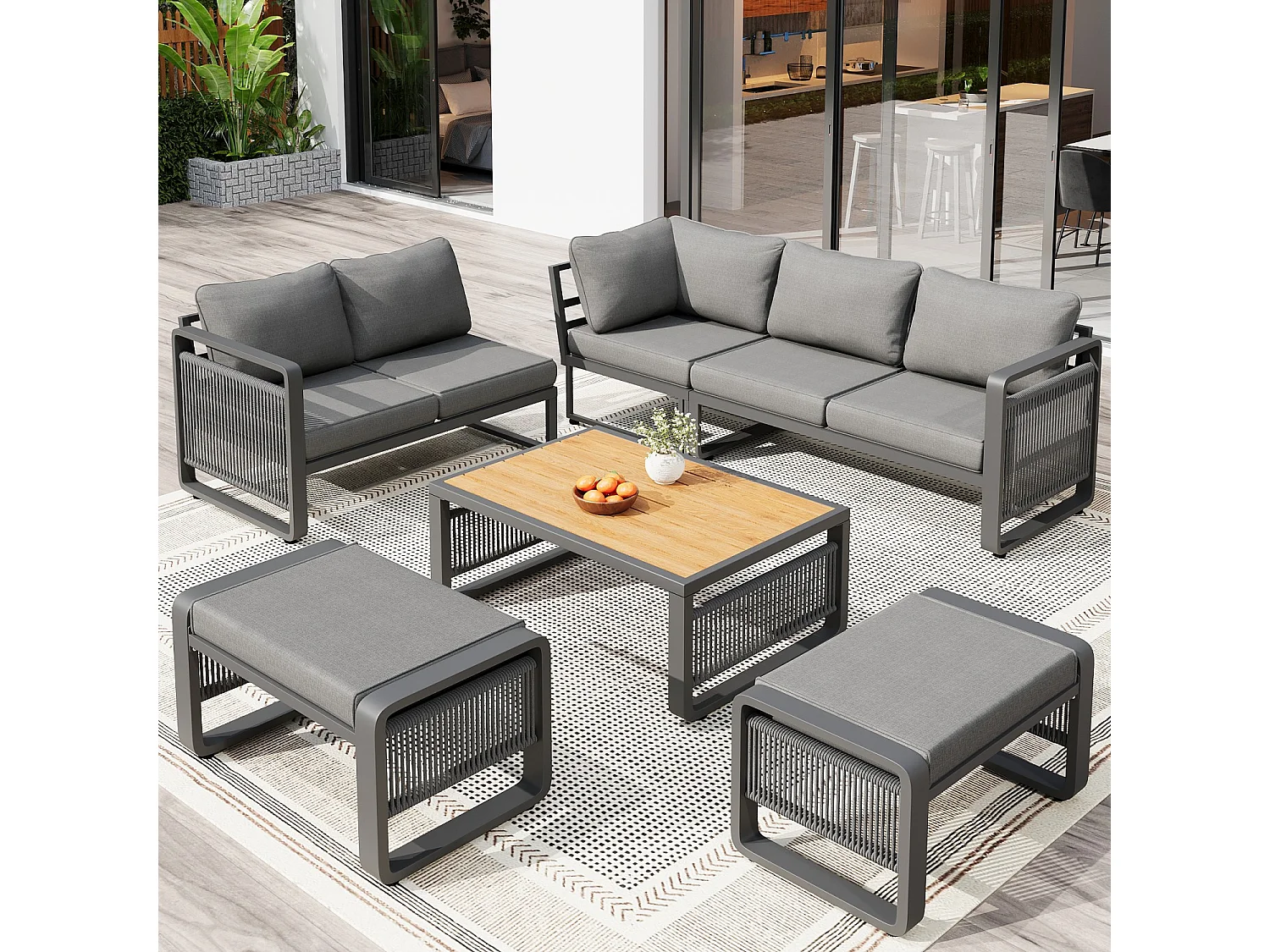 Set van 6-7 ligstoelen voor in de tuin, handgeweven touw, verstelbare voetsteunen, grijs