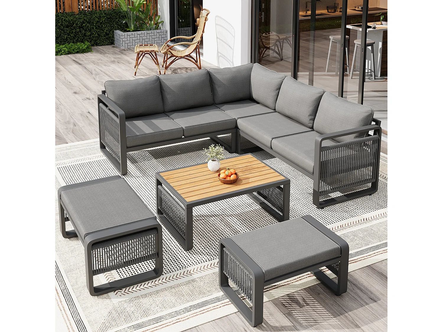 Set van 6-7 ligstoelen voor in de tuin, handgeweven touw, verstelbare voetsteunen, grijs