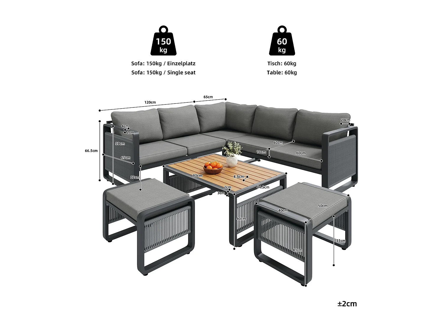 Set van 6-7 ligstoelen voor in de tuin, handgeweven touw, verstelbare voetsteunen, grijs