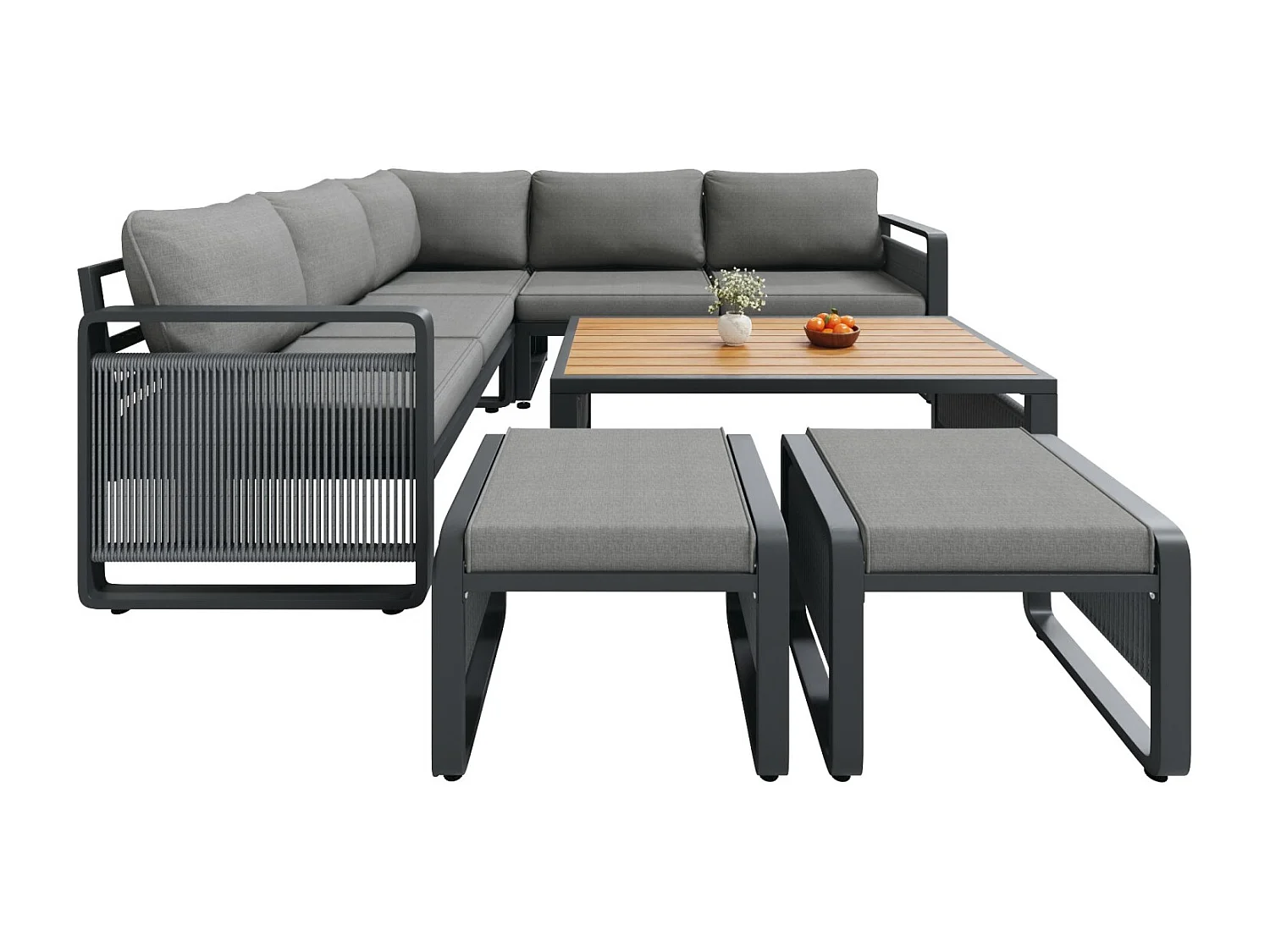 Set van 6-7 ligstoelen voor in de tuin, handgeweven touw, verstelbare voetsteunen, grijs