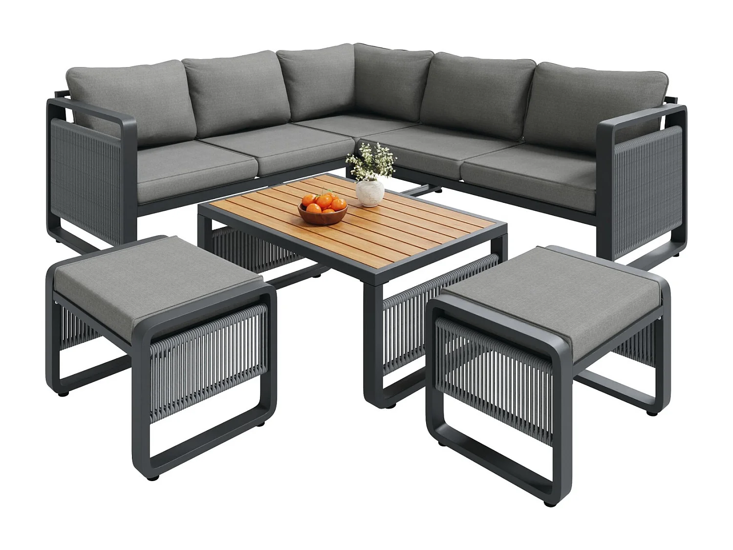 Set van 6-7 ligstoelen voor in de tuin, handgeweven touw, verstelbare voetsteunen, grijs