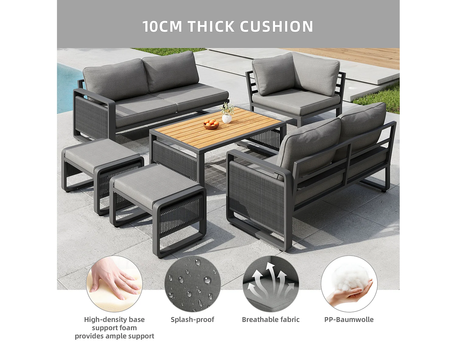 Set van 6-7 ligstoelen voor in de tuin, handgeweven touw, verstelbare voetsteunen, grijs