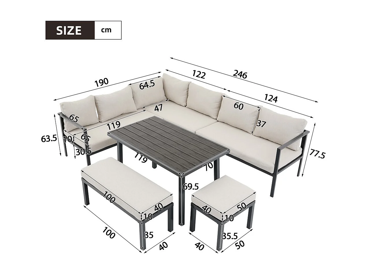 Ensemble de table et chaises de jardin, 9 places, structure en tubes d'acier galvanisé, plateau en bois synthétique,beige