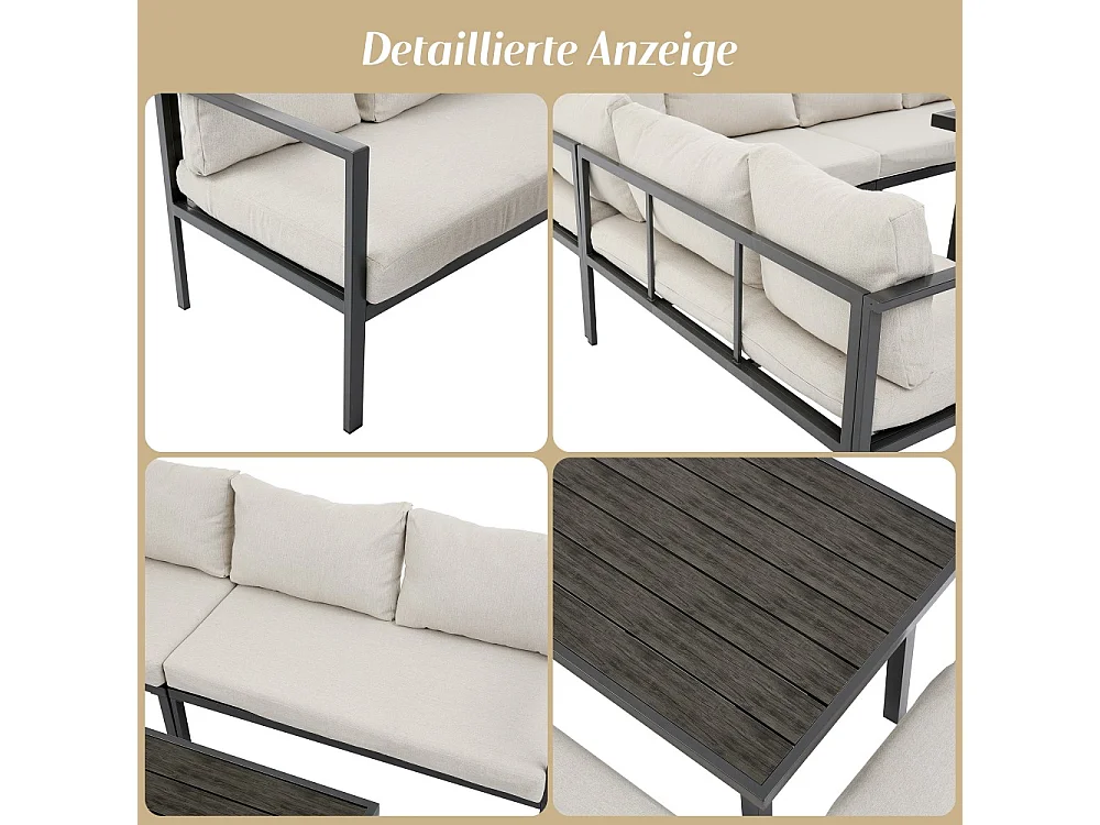 Ensemble de table et chaises de jardin, 9 places, structure en tubes d'acier galvanisé, plateau en bois synthétique,beige