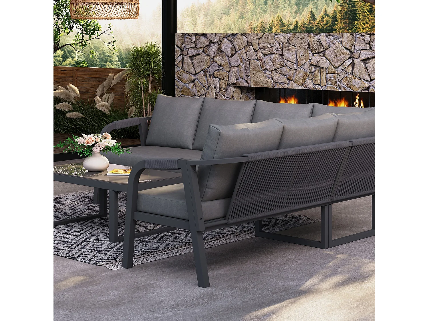 Ensemble de mobilier de jardin, accoudoirs et dossier tressés, en tubes d'acier galvanisé,gris