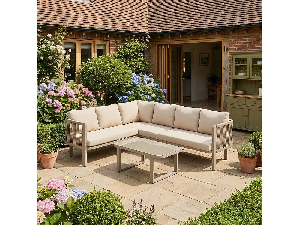 Ensemble de mobilier de jardin, 6 places, tubes en acier galvanisé, plateau en verre, cordage tressé, couleur kaki