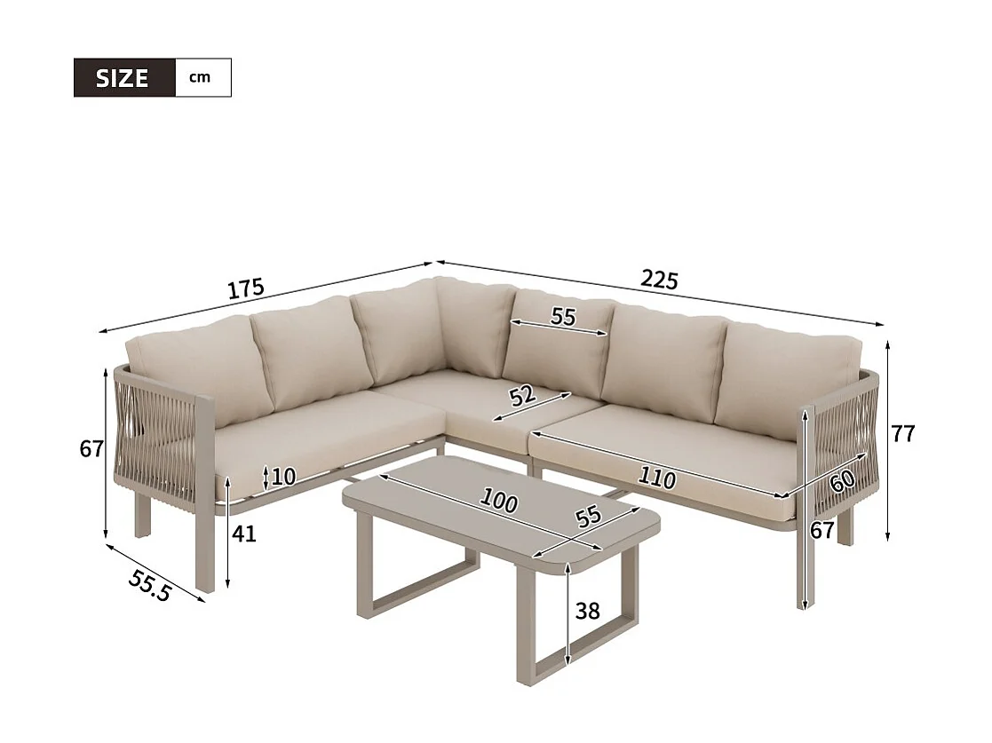 Ensemble de mobilier de jardin, 6 places, tubes en acier galvanisé, plateau en verre, cordage tressé, couleur kaki