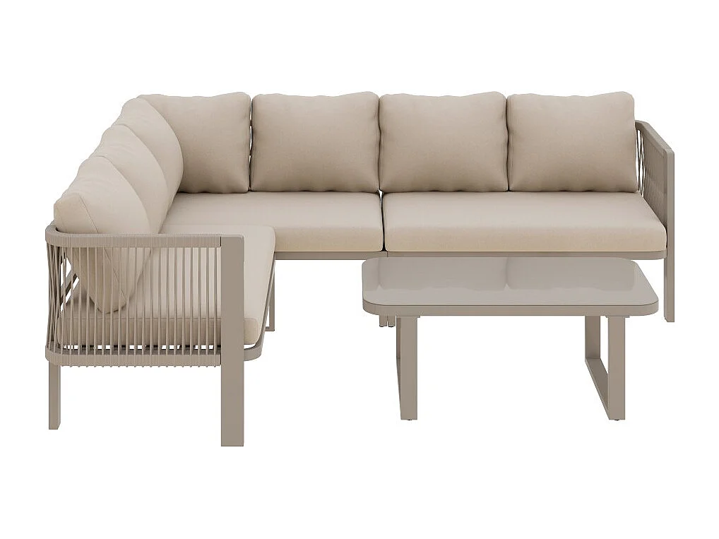 Ensemble de mobilier de jardin, 6 places, tubes en acier galvanisé, plateau en verre, cordage tressé, couleur kaki