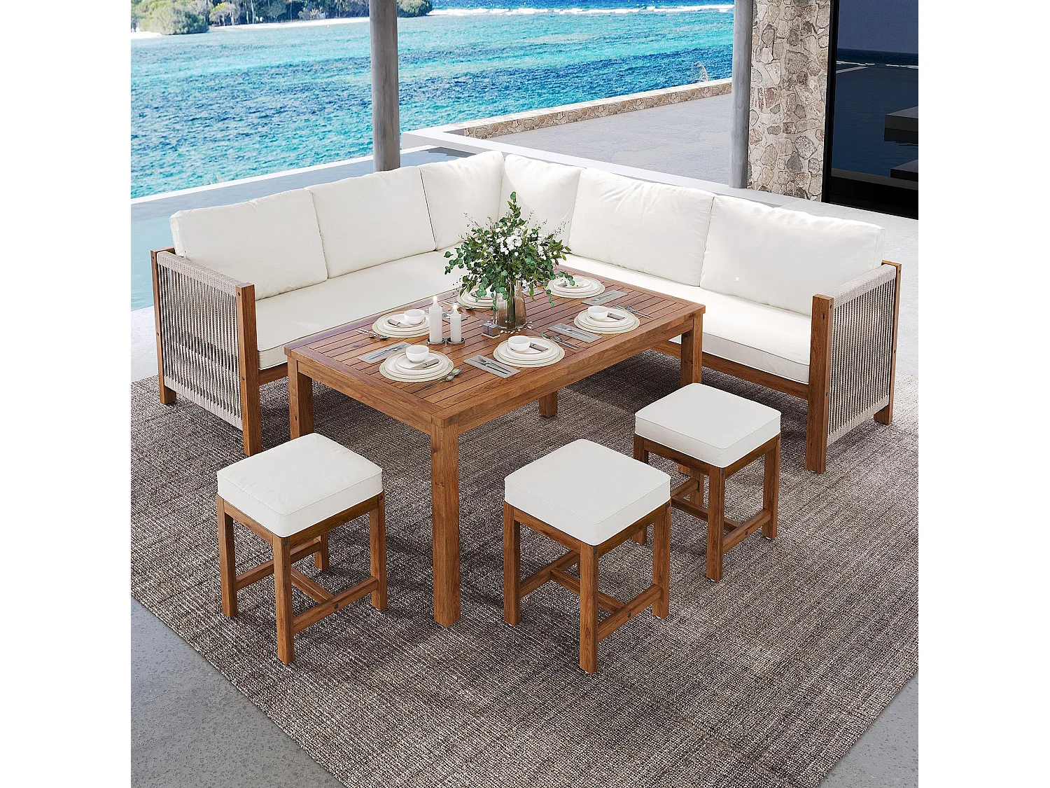 Tuinset voor buiten, inclusief kussens, van kunstrotan en acaciahout, kleur beige en naturel hout