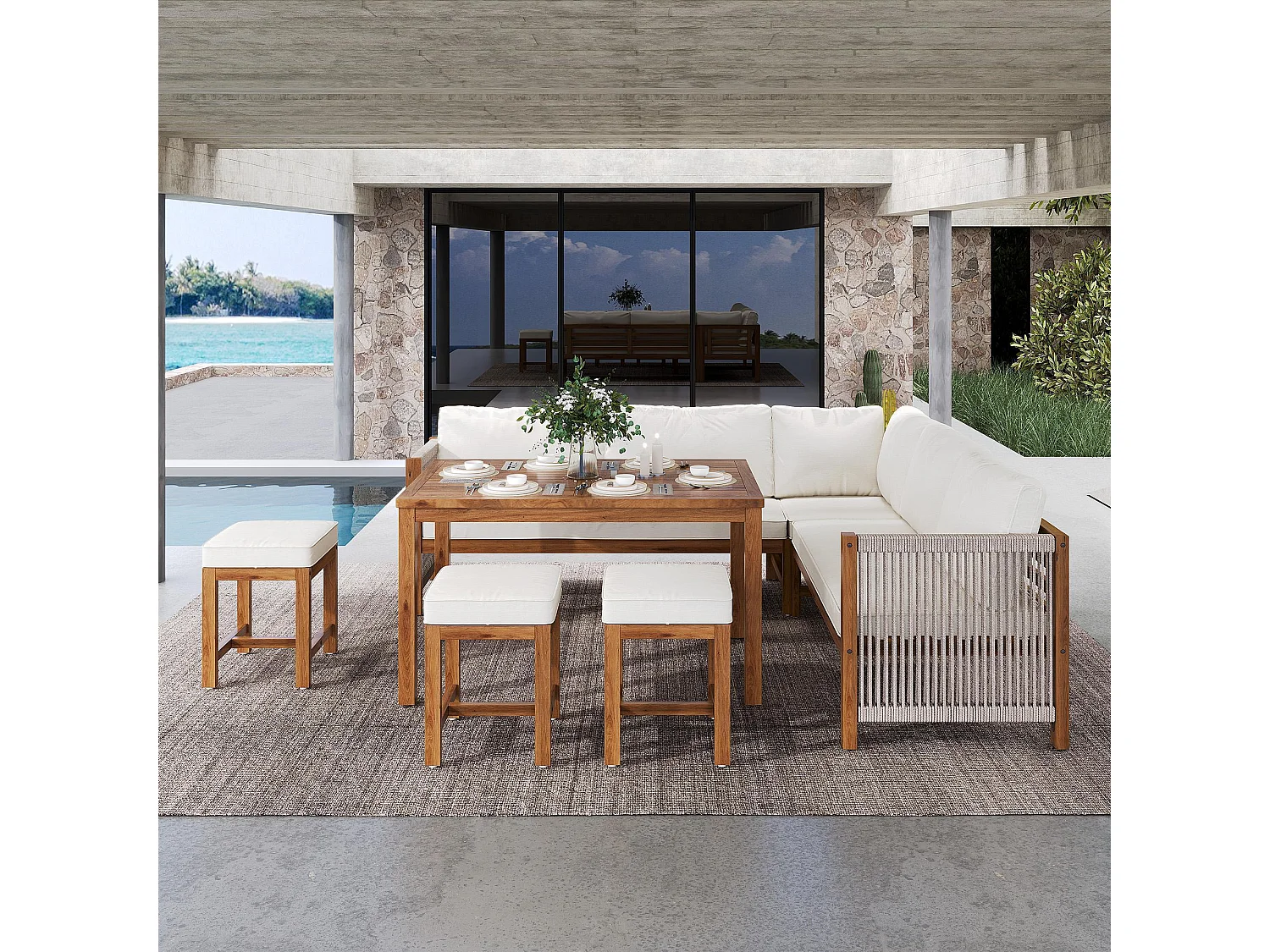 Tuinset voor buiten, inclusief kussens, van kunstrotan en acaciahout, kleur beige en naturel hout