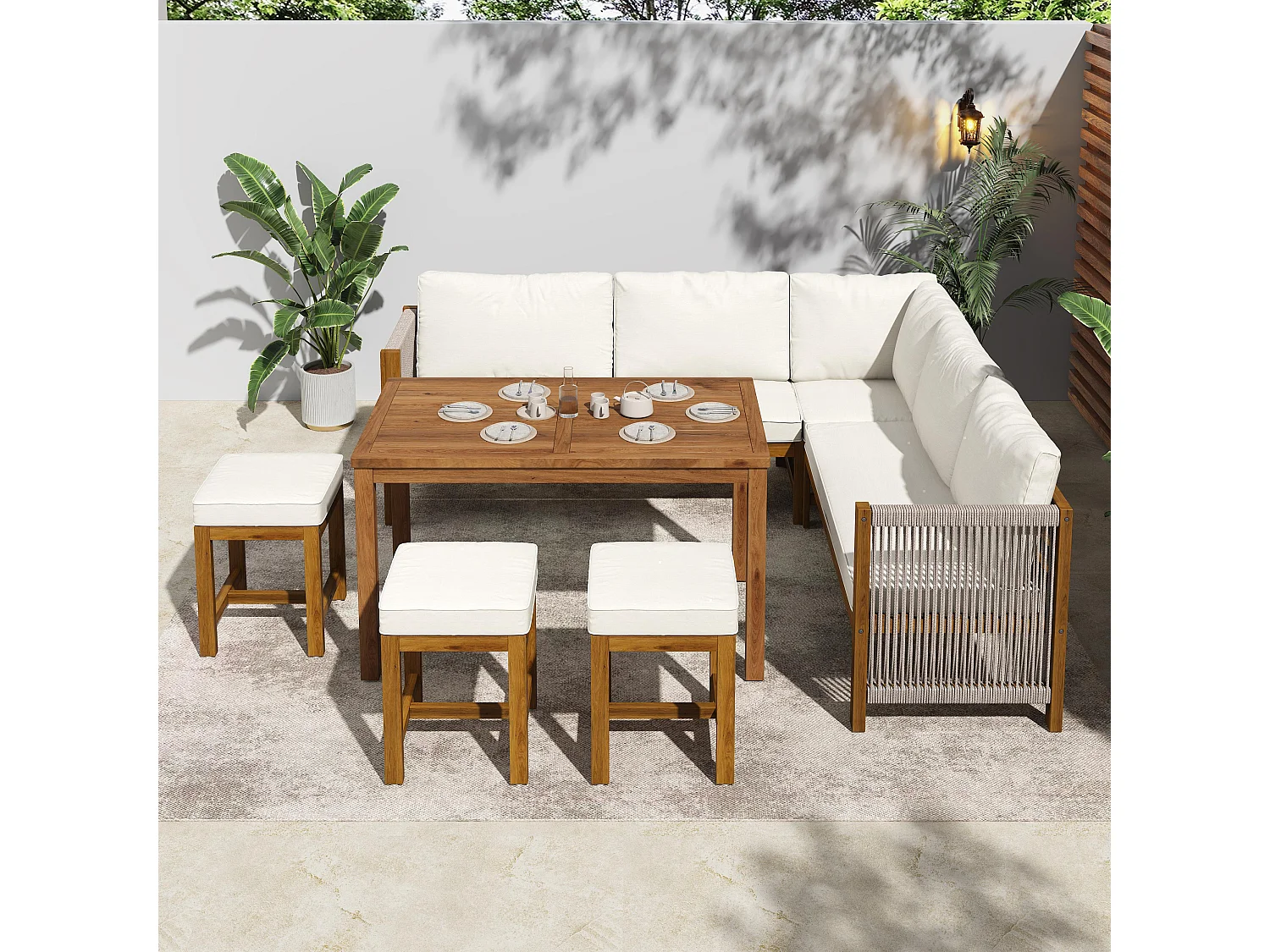 Tuinset voor buiten, inclusief kussens, van kunstrotan en acaciahout, kleur beige en naturel hout