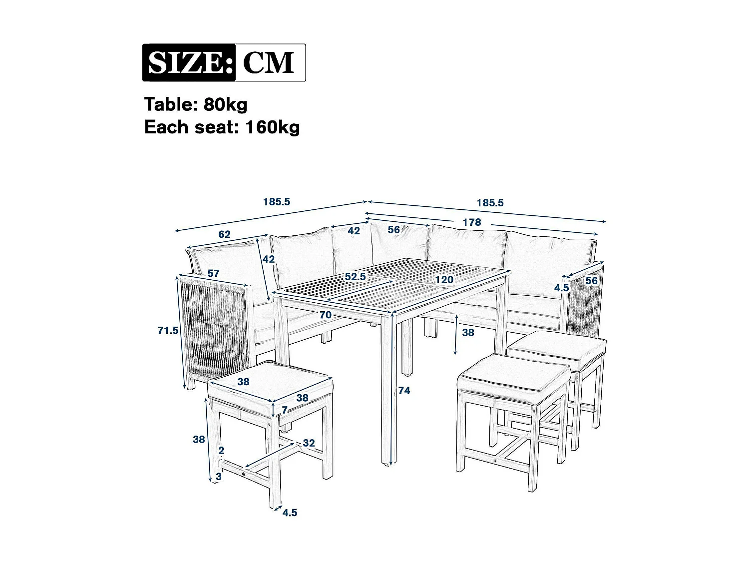 Tuinset voor buiten, inclusief kussens, van kunstrotan en acaciahout, kleur beige en naturel hout
