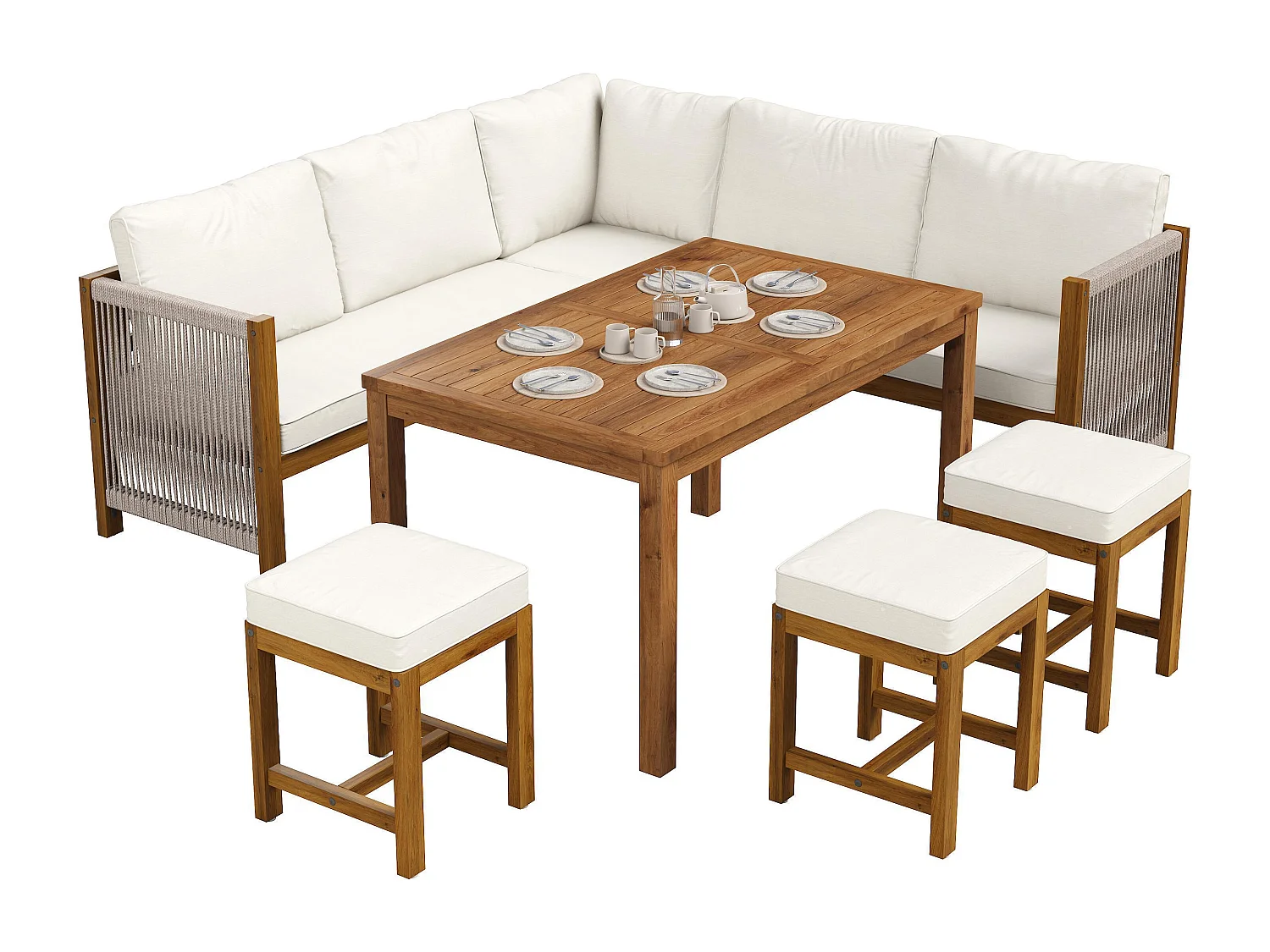 Tuinset voor buiten, inclusief kussens, van kunstrotan en acaciahout, kleur beige en naturel hout