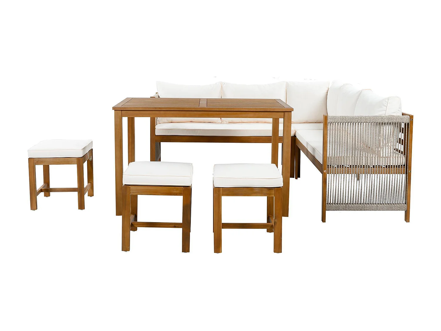 Tuinset voor buiten, inclusief kussens, van kunstrotan en acaciahout, kleur beige en naturel hout