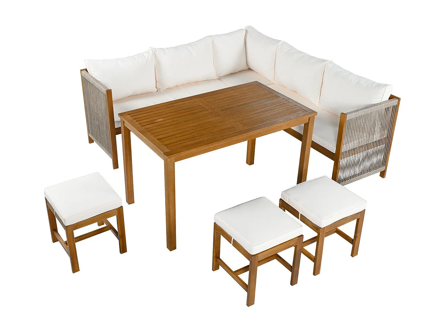 Tuinset voor buiten, inclusief kussens, van kunstrotan en acaciahout, kleur beige en naturel hout