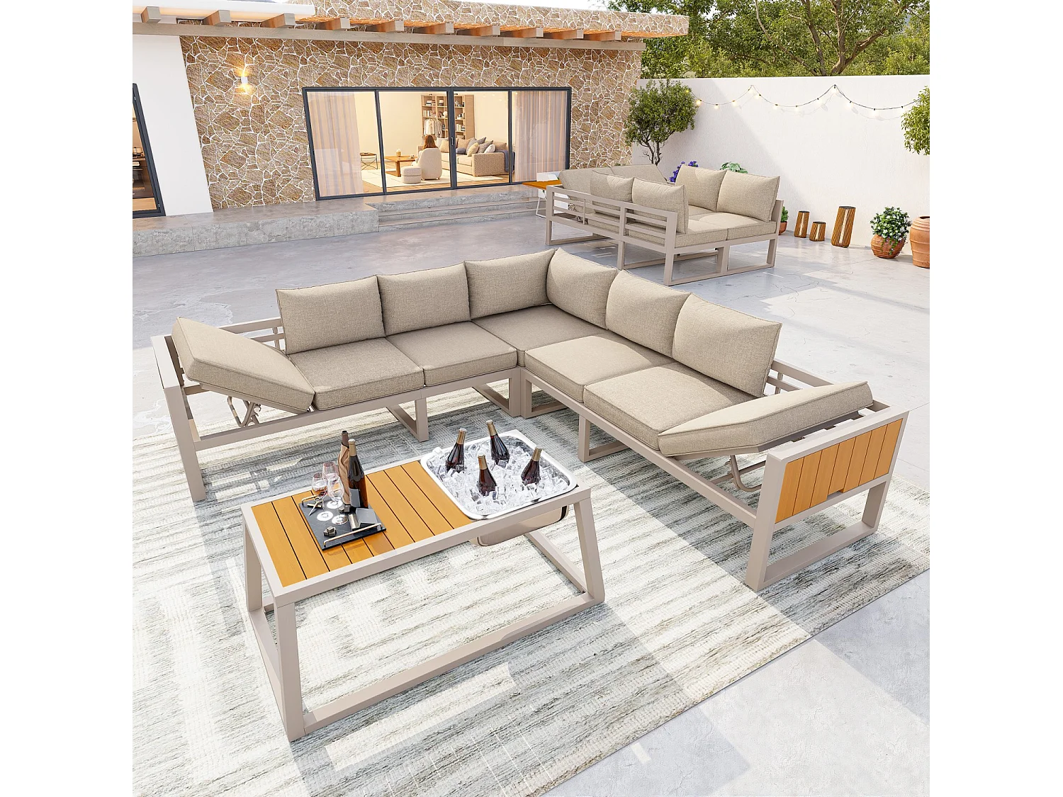 Buitenbank met verstelbare rugleuning, neerklapbare armleuningen en metalen ijsemmer, kussens van 10 cm dik, beige