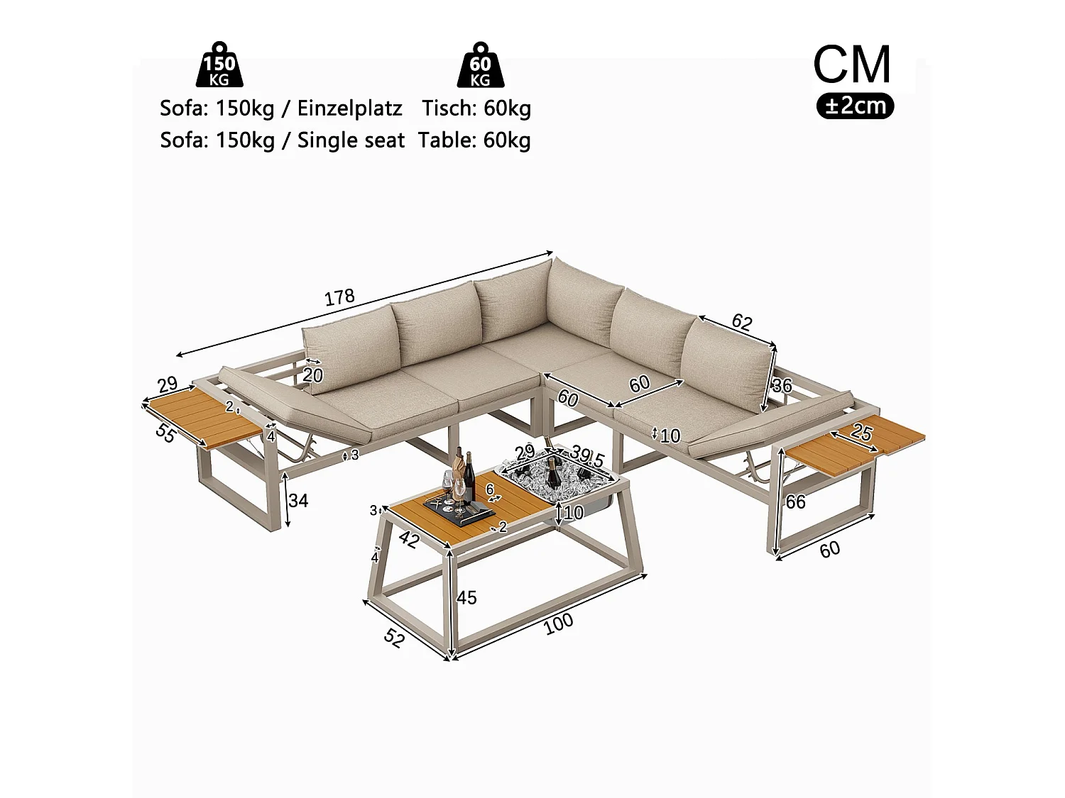 Buitenbank met verstelbare rugleuning, neerklapbare armleuningen en metalen ijsemmer, kussens van 10 cm dik, beige