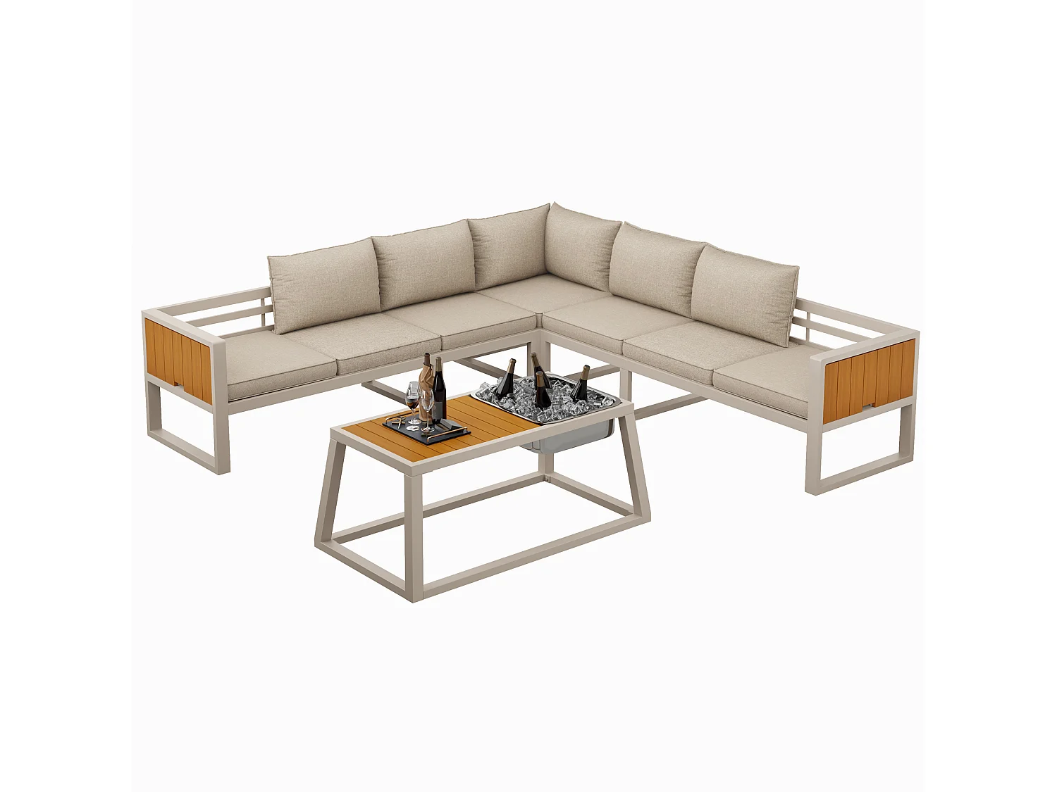 Buitenbank met verstelbare rugleuning, neerklapbare armleuningen en metalen ijsemmer, kussens van 10 cm dik, beige