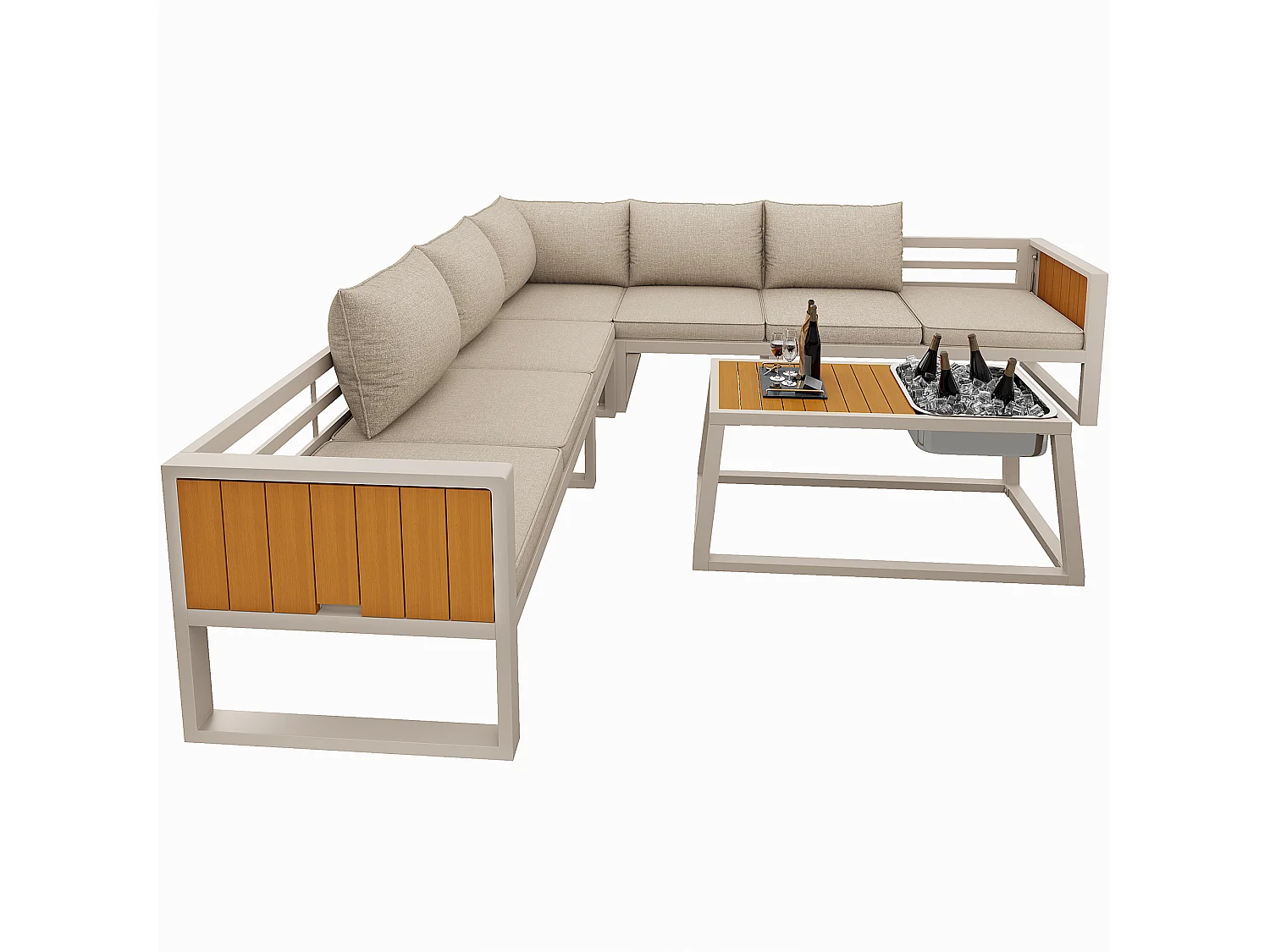 Buitenbank met verstelbare rugleuning, neerklapbare armleuningen en metalen ijsemmer, kussens van 10 cm dik, beige