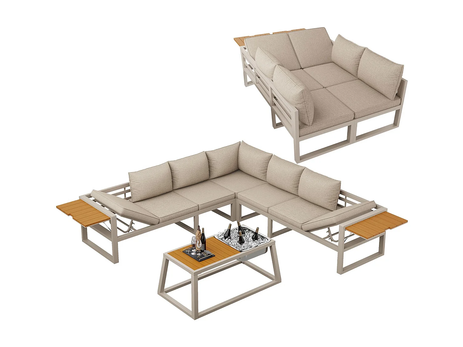 Buitenbank met verstelbare rugleuning, neerklapbare armleuningen en metalen ijsemmer, kussens van 10 cm dik, beige