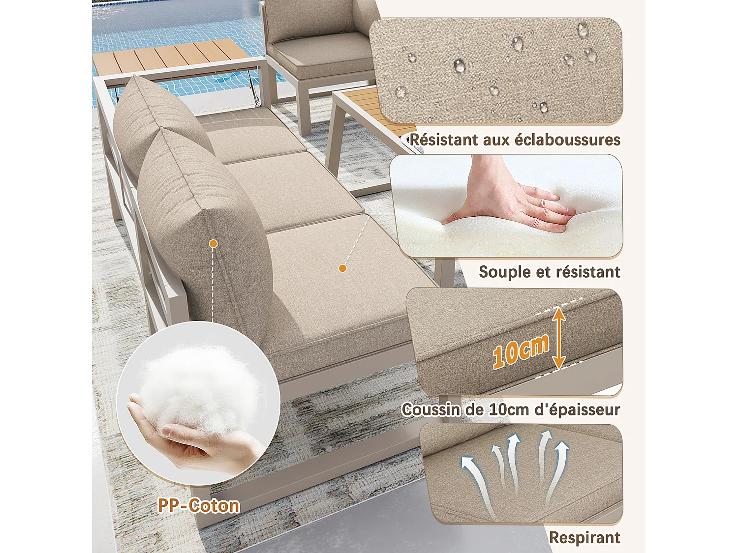 Buitenbank met verstelbare rugleuning, neerklapbare armleuningen en metalen ijsemmer, kussens van 10 cm dik, beige