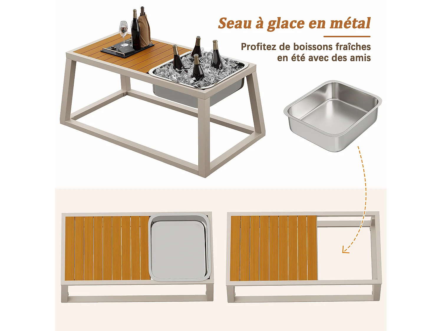 Buitenbank met verstelbare rugleuning, neerklapbare armleuningen en metalen ijsemmer, kussens van 10 cm dik, beige