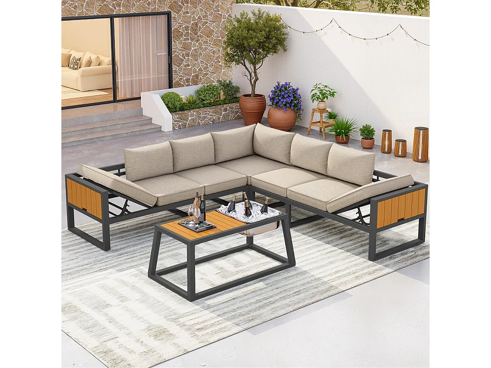 Canapé d'extérieur avec dossier réglable, accoudoirs rabattables et seau à glace en métal, coussins de 10 cm d'épaisseur, beige