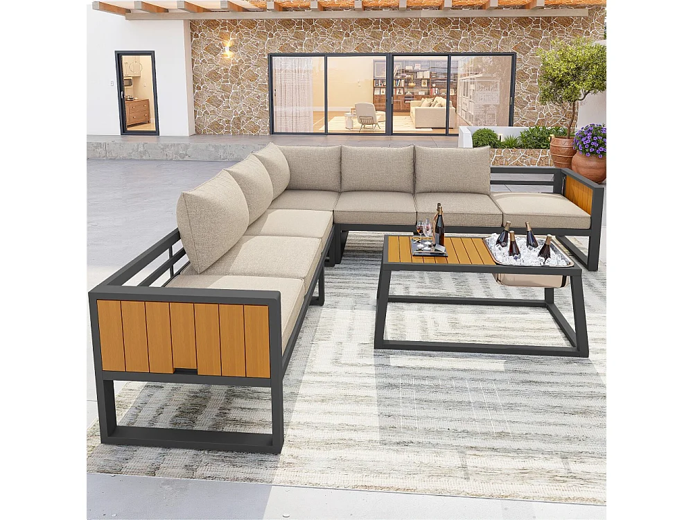 Canapé d'extérieur avec dossier réglable, accoudoirs rabattables et seau à glace en métal, coussins de 10 cm d'épaisseur, beige