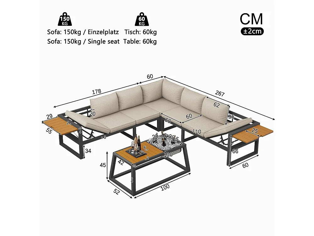 Canapé d'extérieur avec dossier réglable, accoudoirs rabattables et seau à glace en métal, coussins de 10 cm d'épaisseur, beige