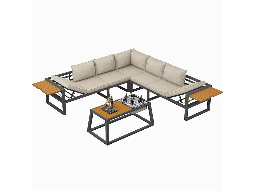 Canapé d'extérieur avec dossier réglable, accoudoirs rabattables et seau à glace en métal, coussins de 10 cm d'épaisseur, beige