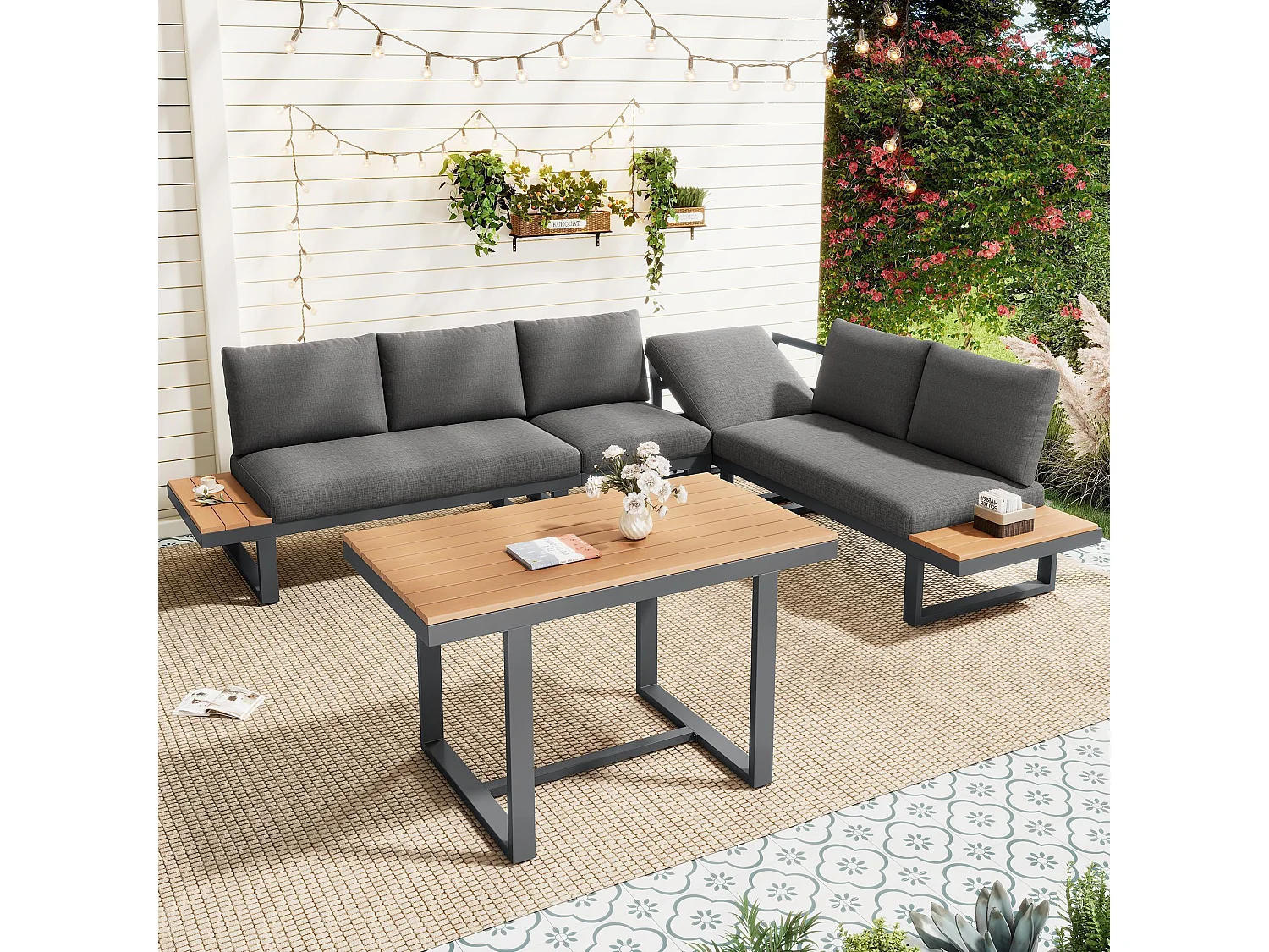 Ensemble de mobilier de jardin, avec inclinaison réglable (5 positions, jusqu'à 55°), tubes en acier galvanisé, gris + noir